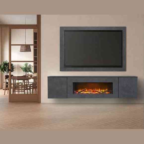 Modern living room setup featuring Aurora Aries floating media wall suite in slate grey with mounted TV and active LED electric fire