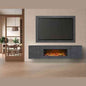 Modern living room setup featuring Aurora Aries floating media wall suite in slate grey with mounted TV and active LED electric fire