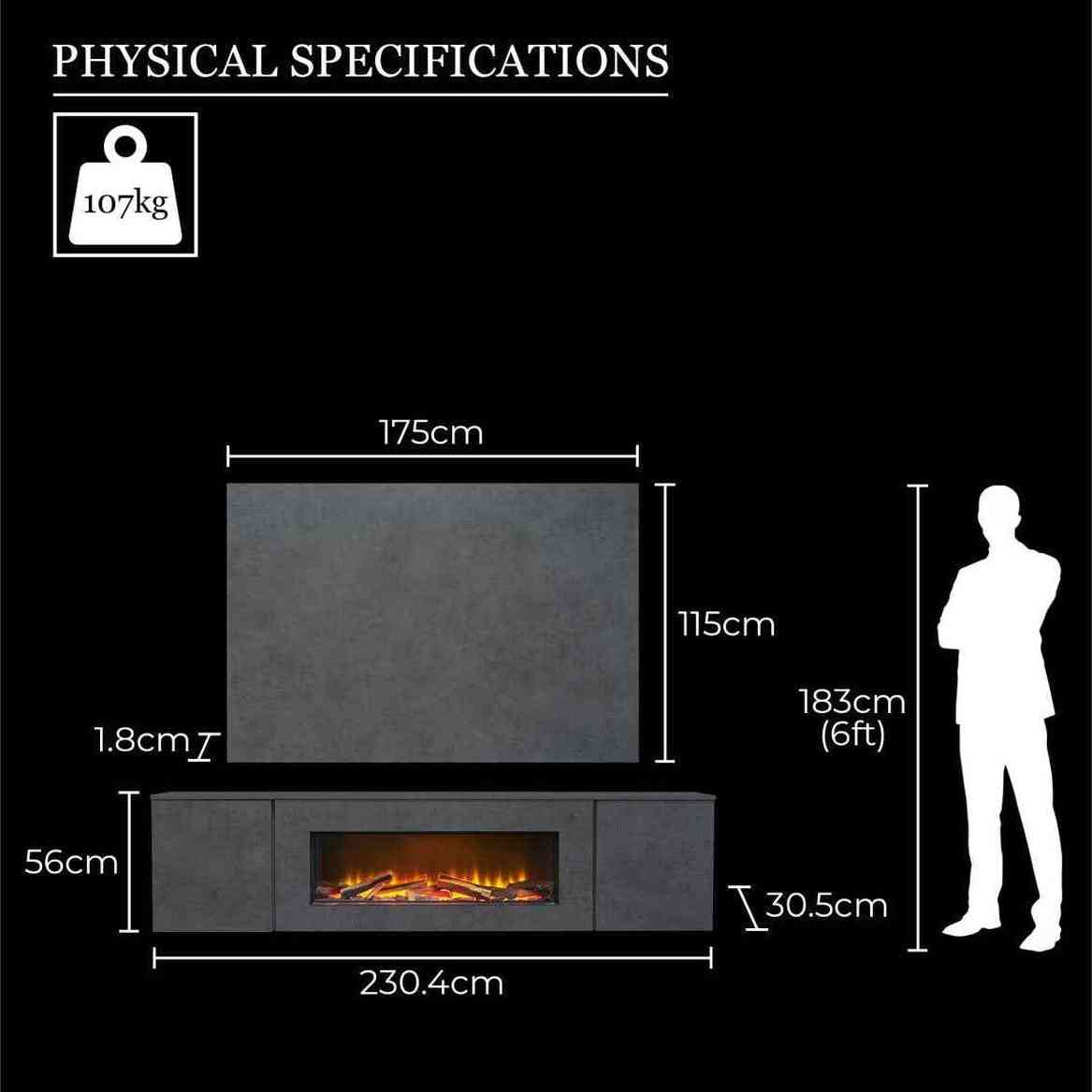 Aurora Aries media wall suite dimensions diagram showing 230cm wide slate effect floating unit with electric fire and storage