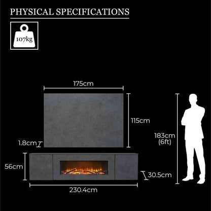 Aurora Aries media wall suite dimensions diagram showing 230cm wide slate effect floating unit with electric fire and storage