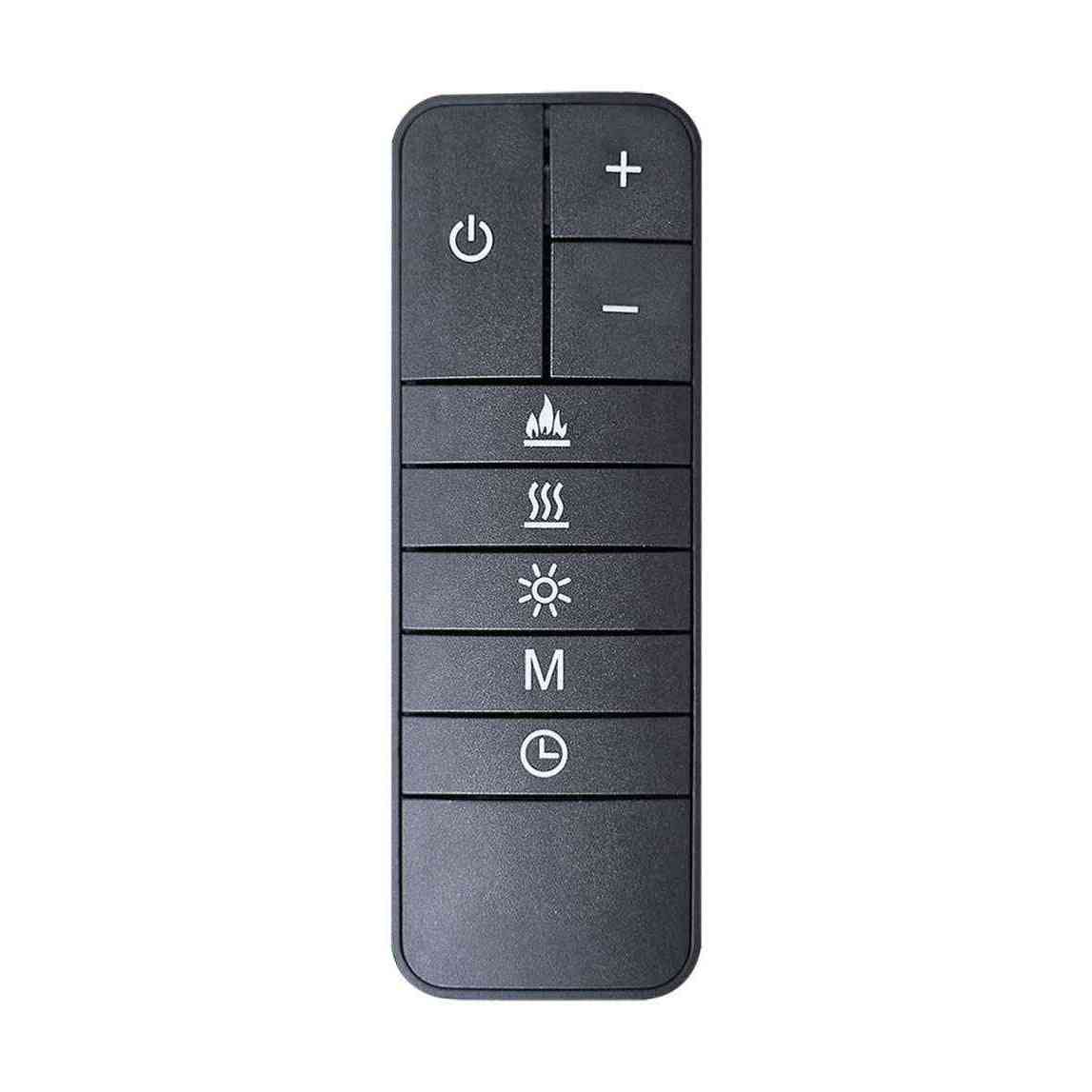 Black remote control for Aurora Aries electric fireplace featuring power brightness heat mode and timer buttons