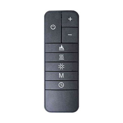Black remote control for Aurora Aries electric fireplace featuring power brightness heat mode and timer buttons