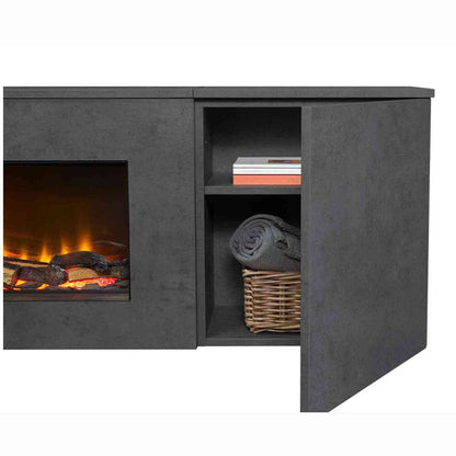 Side view of open storage cabinet in Aurora Aries slate effect media wall showing shelves with books and wicker basket