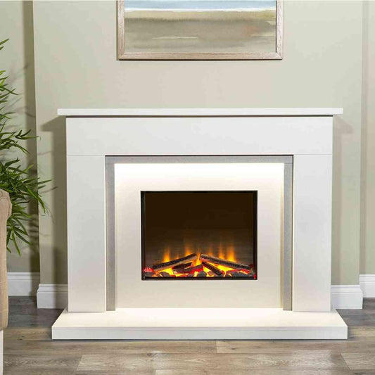 Aurora Belgrade 48-inch electric fireplace suite installed in living room with ambient LED strip lighting