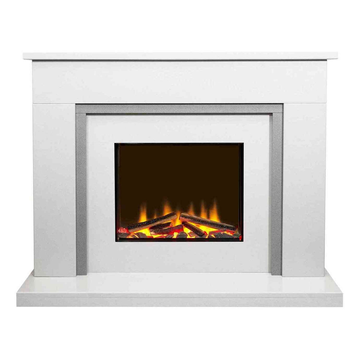 Symmetrical white engineered marble electric fireplace suite with grey accents and active orange flame effect