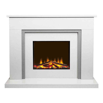 Symmetrical white engineered marble electric fireplace suite with grey accents and active orange flame effect