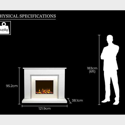 Aurora Belgrade 48-inch white marble electric fireplace suite with physical dimensions and scale reference