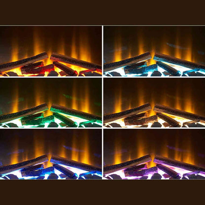 Six LED color settings for Aurora Inferno 500 SQ electric fire showing red, blue, green, cyan, purple, and magenta flames