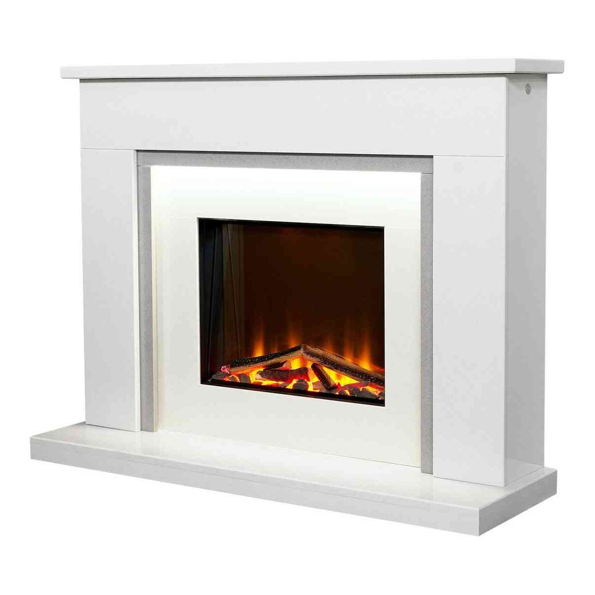 Front view of Aurora Belgrade 48-inch China White marble electric fireplace suite with grey trim