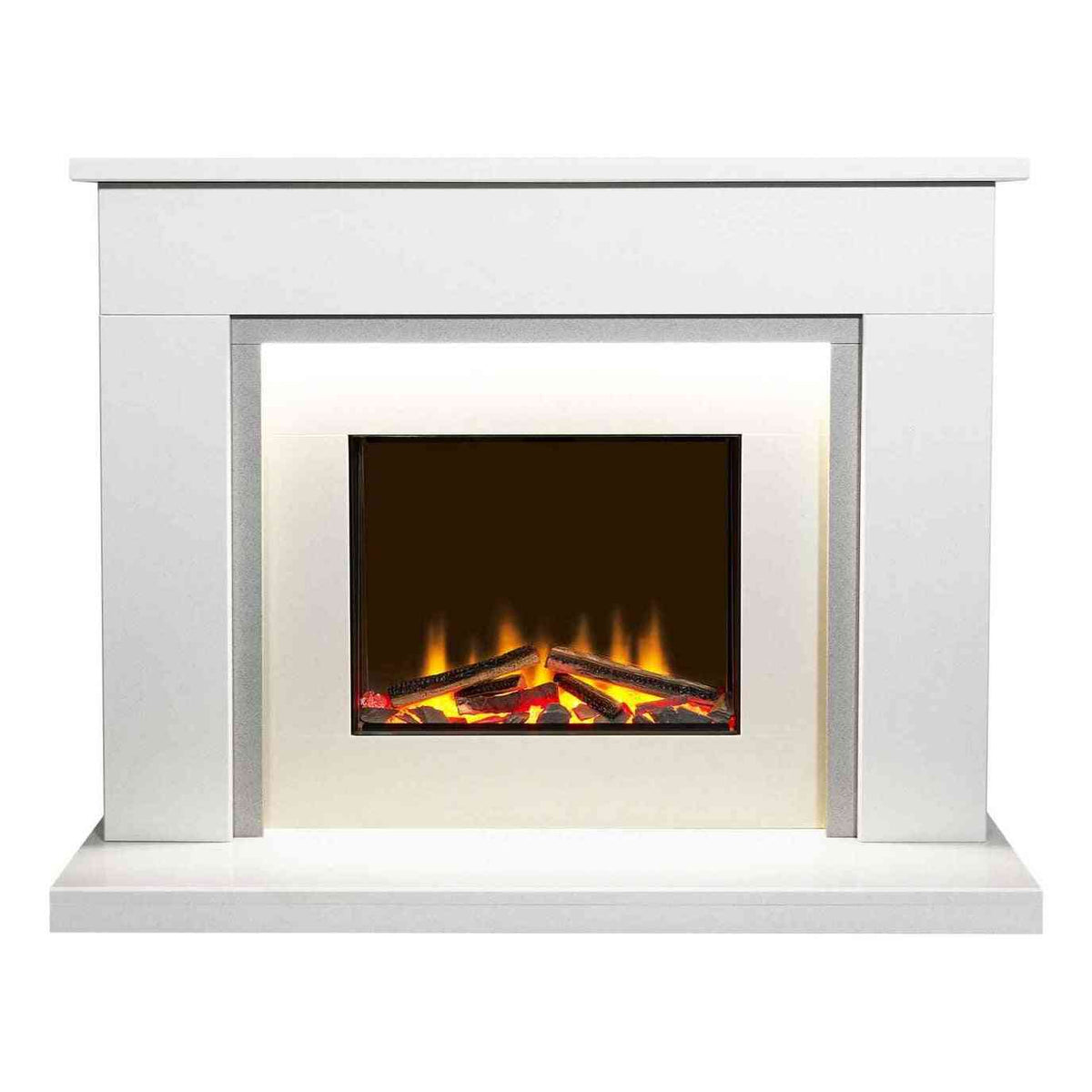 Contemporary white flat wall fit marble electric fireplace suite with wide mantel and base shelf