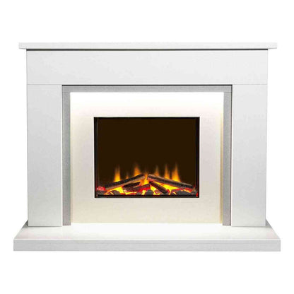 Contemporary white flat wall fit marble electric fireplace suite with wide mantel and base shelf