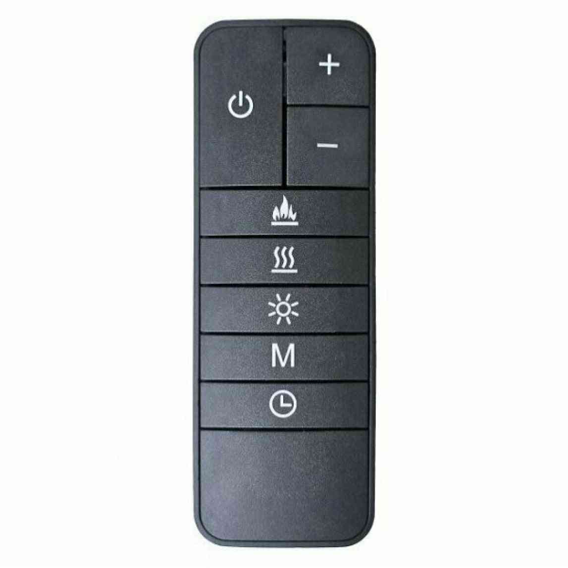 Black remote control for Incendium 1500 electric fire with flame, heat, and timer settings