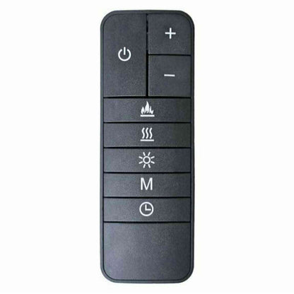 Black remote control for Incendium 1500 electric fire with flame, heat, and timer settings