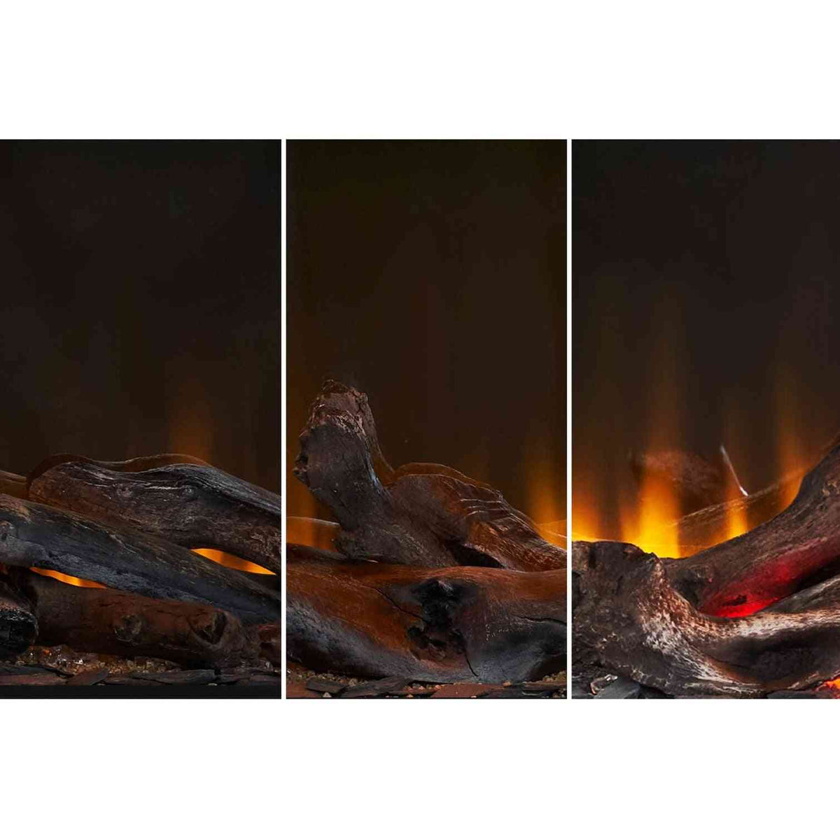 Detailed view of weathered log arrangement and warm ember glow in Incendium 1500 electric fire