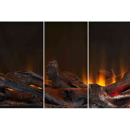 Detailed view of weathered log arrangement and warm ember glow in Incendium 1500 electric fire