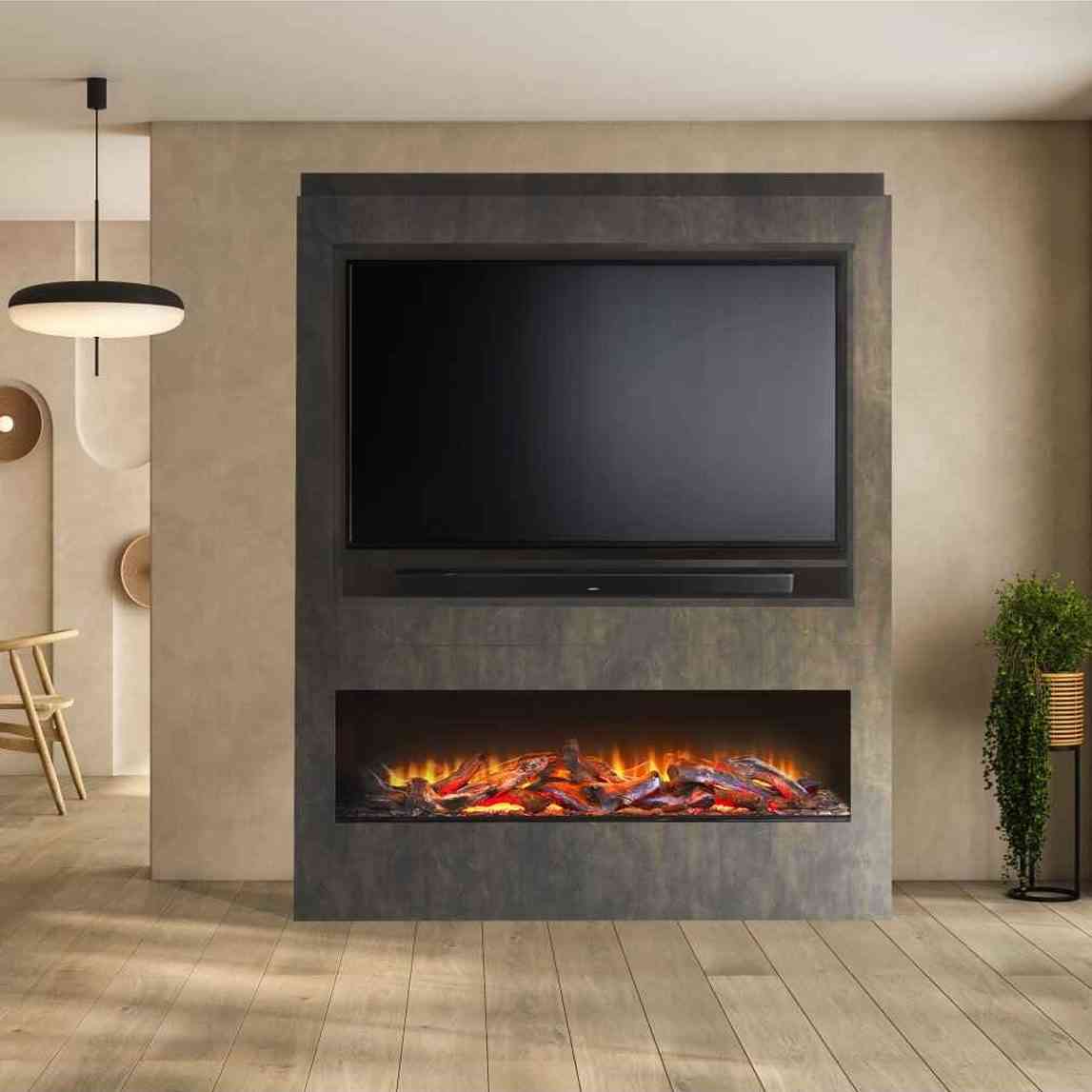 Aurora Centrum bronze Venetian plaster media wall with electric fire and 65 inch TV recess in modern living room