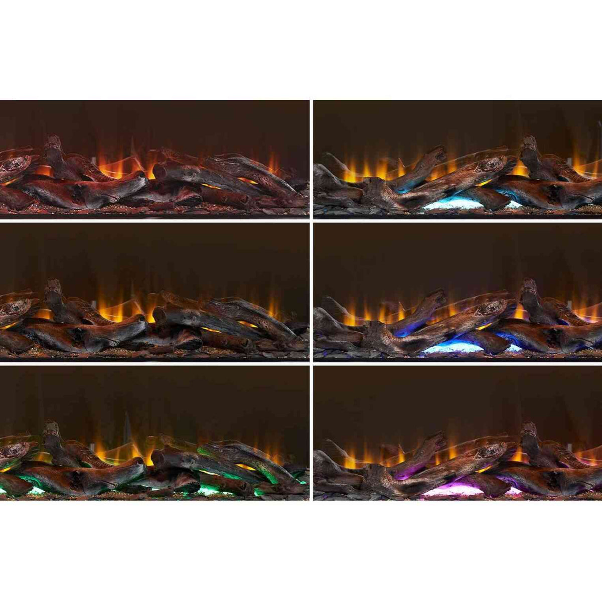 Six color modes for Aurora Centrum electric fire base lighting including blue, green, and purple options
