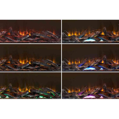 Six color modes for Aurora Centrum electric fire base lighting including blue, green, and purple options