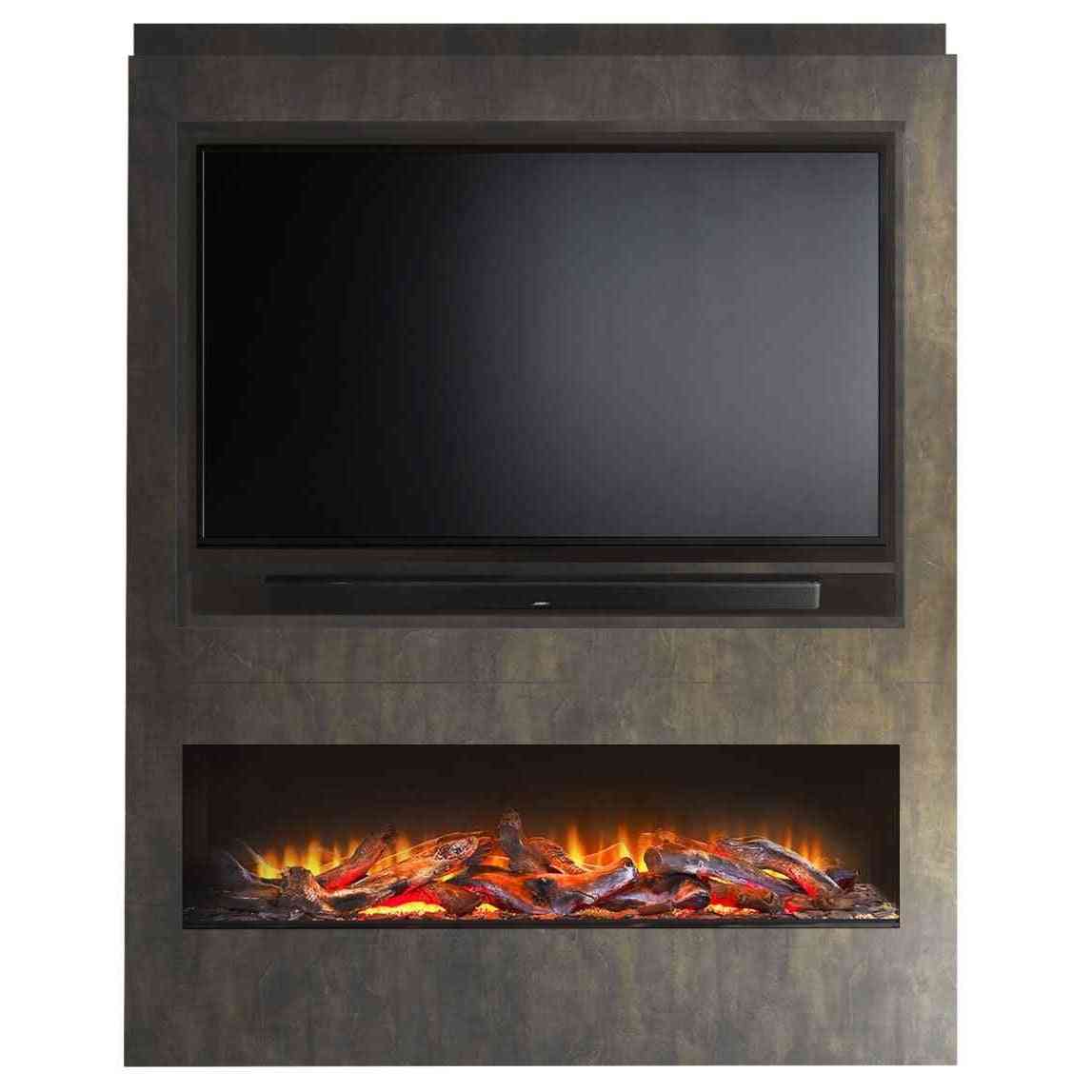 Front view of Aurora Centrum pre-built media wall featuring bronze Venetian plaster finish, TV recess, and electric firebox