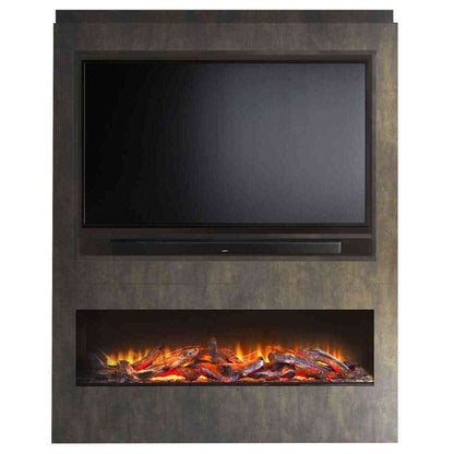 Front view of Aurora Centrum pre-built media wall featuring bronze Venetian plaster finish, TV recess, and electric firebox