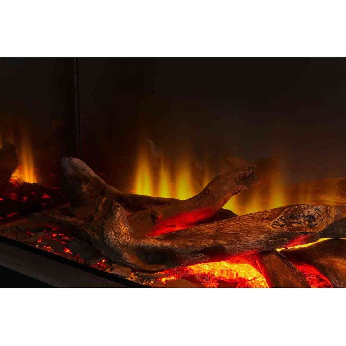 Close-up of realistic log set and glowing embers in Aurora Centrum electric firebox