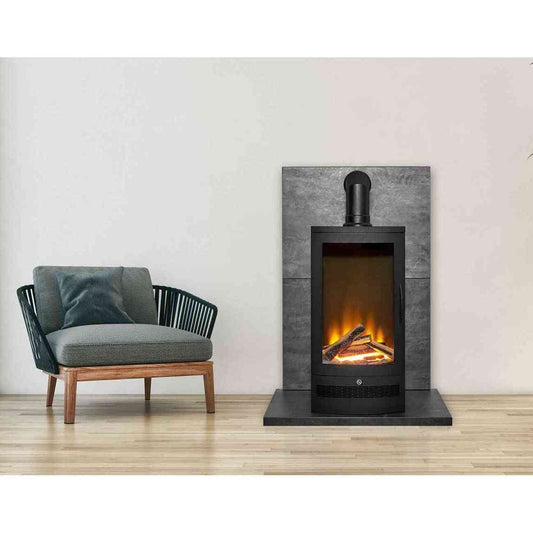 Aurora Delta cylindrical electric stove with LED flame and slate fuel bed in living room setting