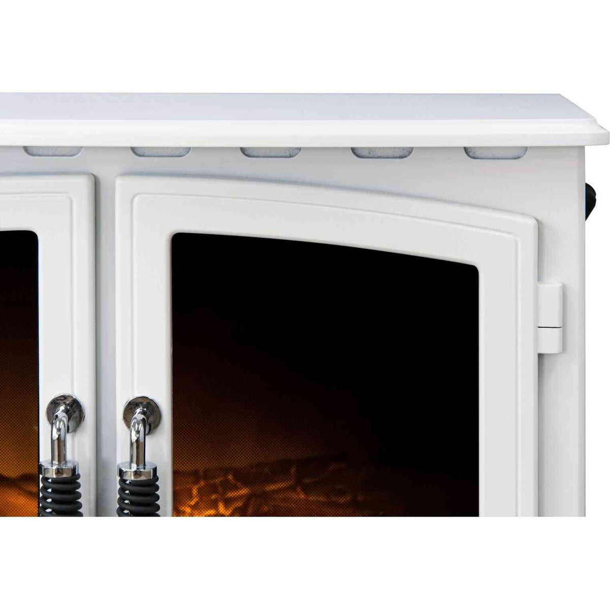 Close-up of Aurora Gemini white stove door chrome handle and glowing LED flame
