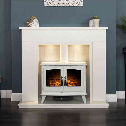 Aurora Gemini white electric stove with LED flame effect installed in fireplace mantel