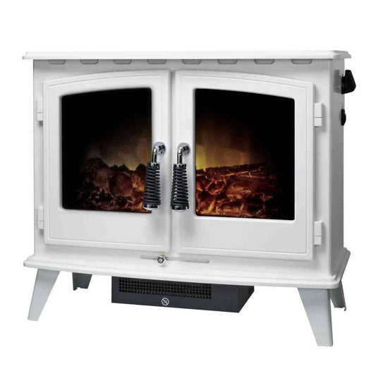 White Aurora Gemini freestanding electric stove with arched glass doors and chrome handles