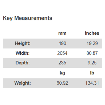 Key measurements for Aurora Inferno 2000 media wall fire including height width depth and weight specs