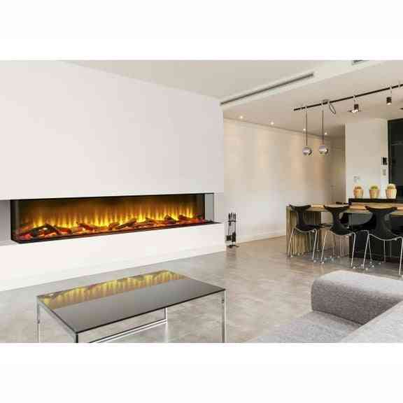 Aurora Inferno panoramic electric fire inset into modern living room media wall with orange LED flames