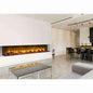 Aurora Inferno panoramic electric fire inset into modern living room media wall with orange LED flames