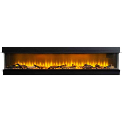 Aurora Inferno panoramic electric fire installed in white media wall with 3-sided glass front and LED flames