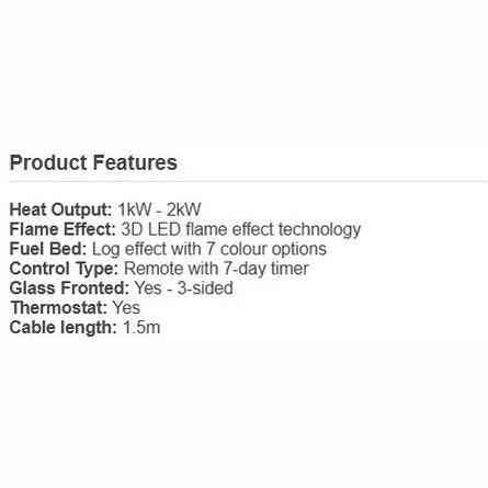 Product features list for Aurora Inferno 2000W electric fire highlighting thermostat and 3-sided glass design