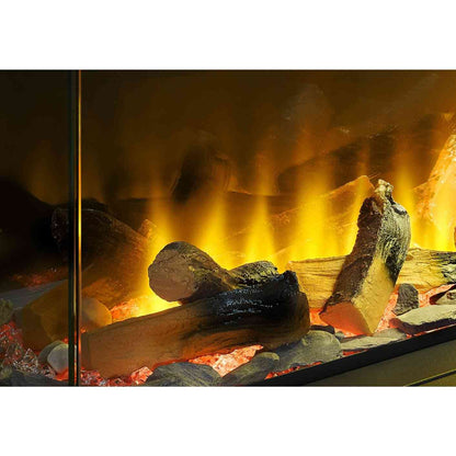 Close-up of Aurora Inferno electric fireplace interior showing textured log fuel bed and glass embers