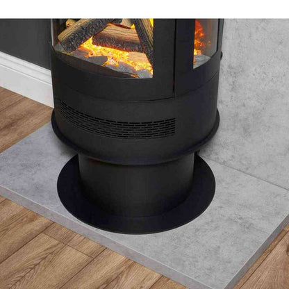 Close-up of black cylindrical stove base with matte finish horizontal vents and circular platform