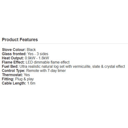Aurora Infinity Cylinder Stove features list including heat output remote control and realistic flame effect