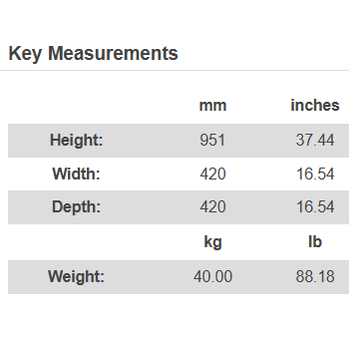 Aurora Infinity Cylinder Stove dimensions chart showing height width depth and weight in mm and inches