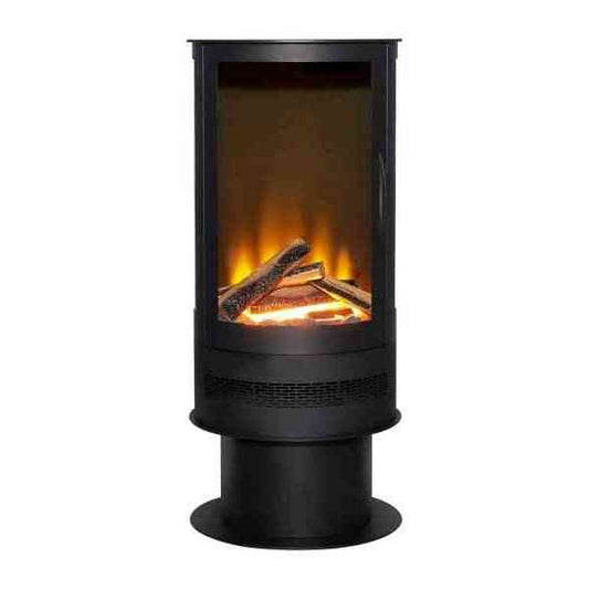 Black freestanding cylindrical electric stove with 3-sided glass LED flame effect and log fuel bed