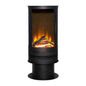 Black freestanding cylindrical electric stove with 3-sided glass LED flame effect and log fuel bed