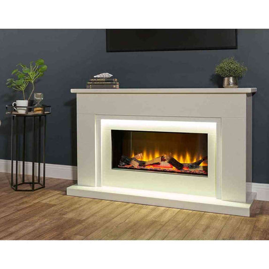 White marble electric fireplace suite installed in modern living room with LED strip