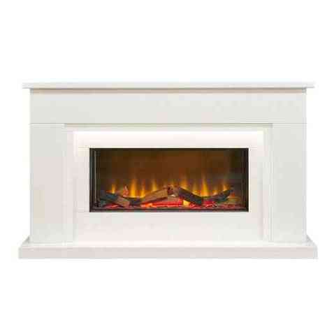 Front view of 54 inch white marble wall mounted electric fireplace with glass front