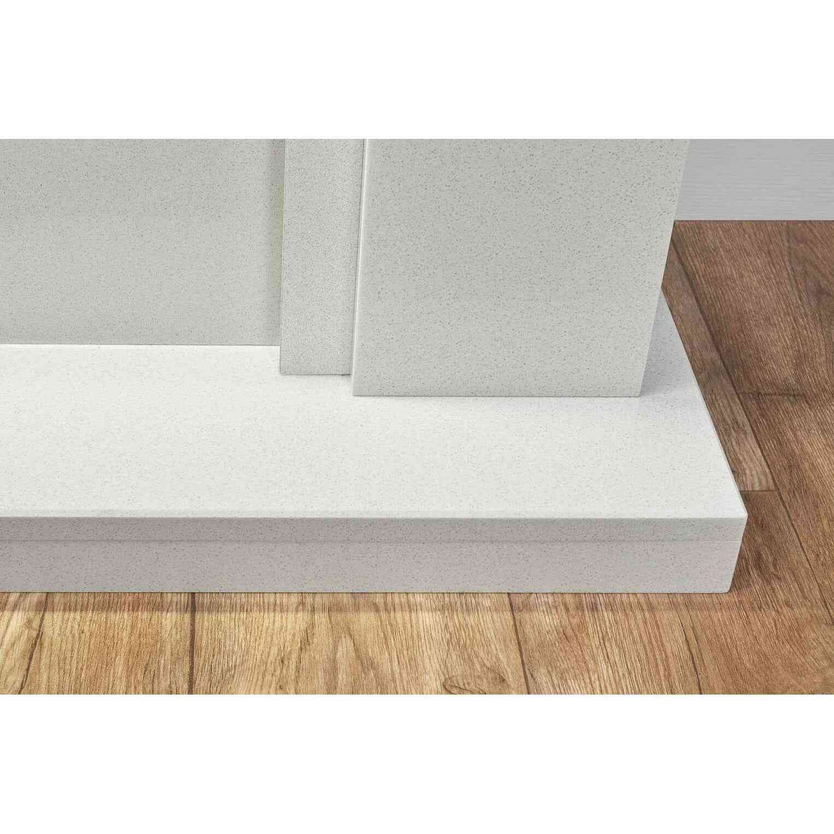 Close-up of speckled white marble texture on Aurora Novara electric fireplace base