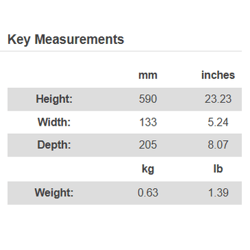 Aurora black stove pipe key measurements showing 590mm height and 133mm width dimensions
