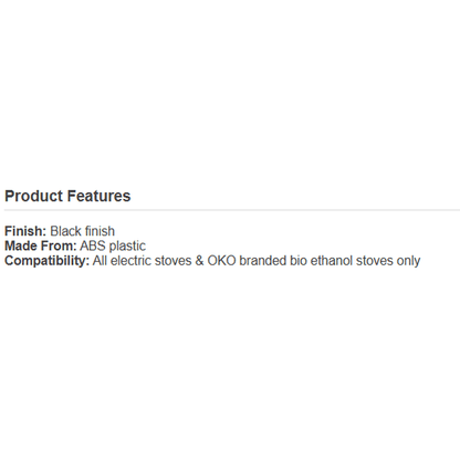 Product features list for Aurora black stove pipe highlighting ABS plastic material and compatibility