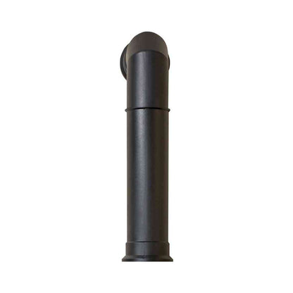 Close-up of matte black molded plastic stove pipe with flared base and angled top design