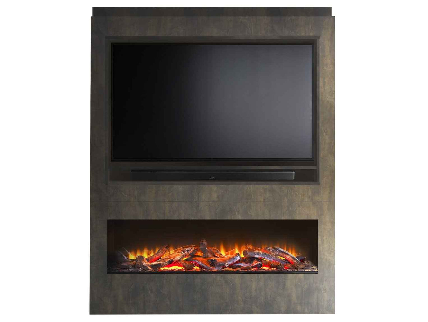 Isolated front studio profile of the bronze Venetian plaster effect media wall highlighting the flush-fit TV cavity and lower fireplace engine cutout.