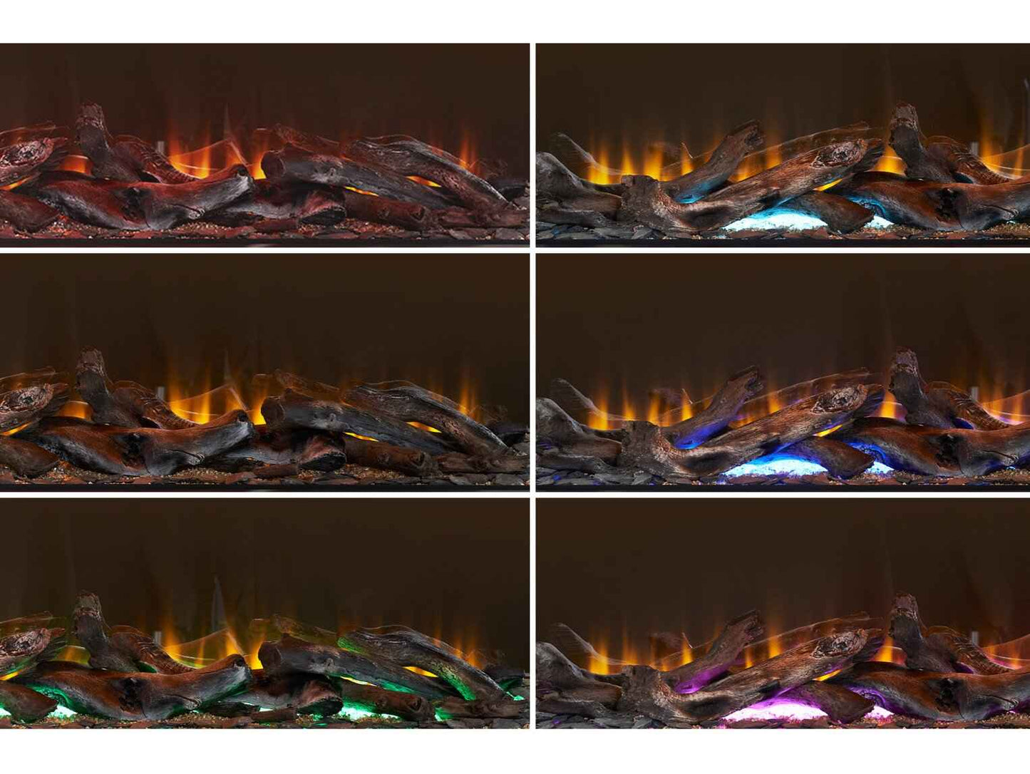 Panoramic widescreen perspective of the dimmable 3D LED flame effects flickering behind natural logs in the Aurora Incendium fireplace engine.