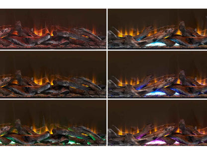 Panoramic widescreen perspective of the dimmable 3D LED flame effects flickering behind natural logs in the Aurora Incendium fireplace engine.