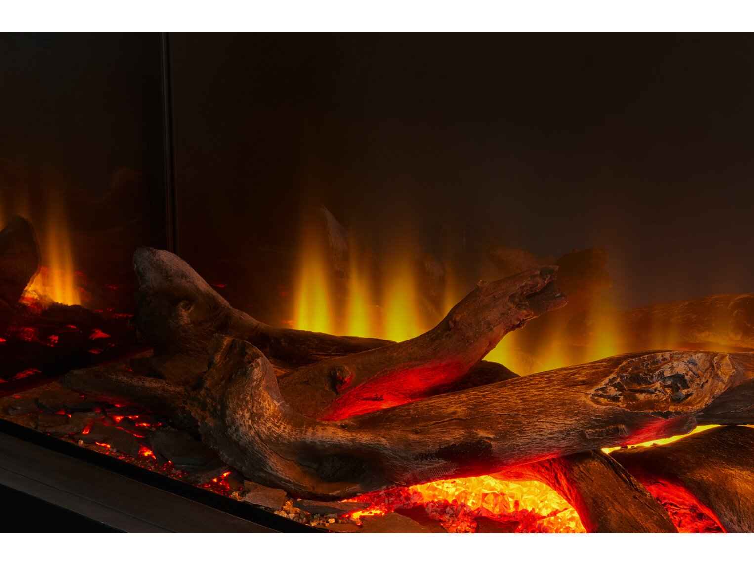 A grid layout showcasing six of the seven adjustable 3D LED flame effect color settings and ambient lighting modes available on the electric fire.